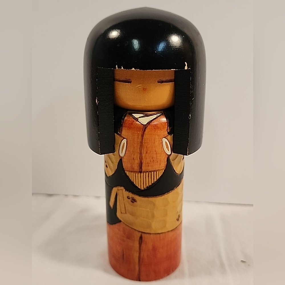 Vintage Kokeshi Doll Signed Ki Black Okappa Japanese Carved Kimono RARE